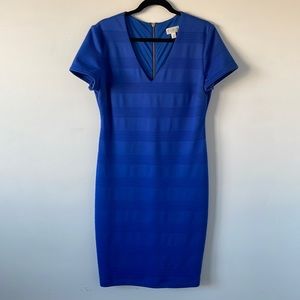 Blue Fitted V neck Dress with Gold Zipper on the Back